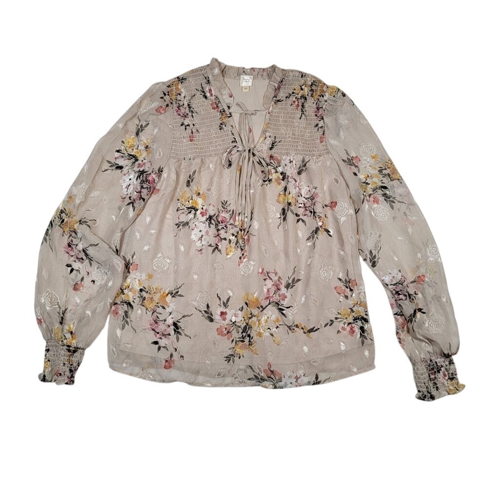 Autres Filles Womens Blouse Sz S Boho Floral Embroidered Lined Chiffon Front Tie